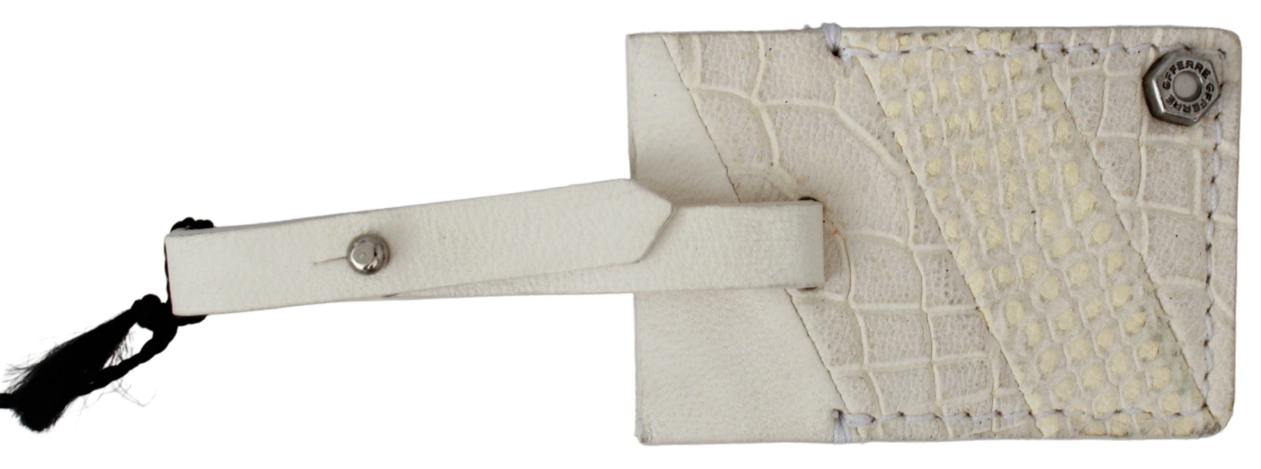 Beige bagagemærke med mærke og mønstret lædernøglering