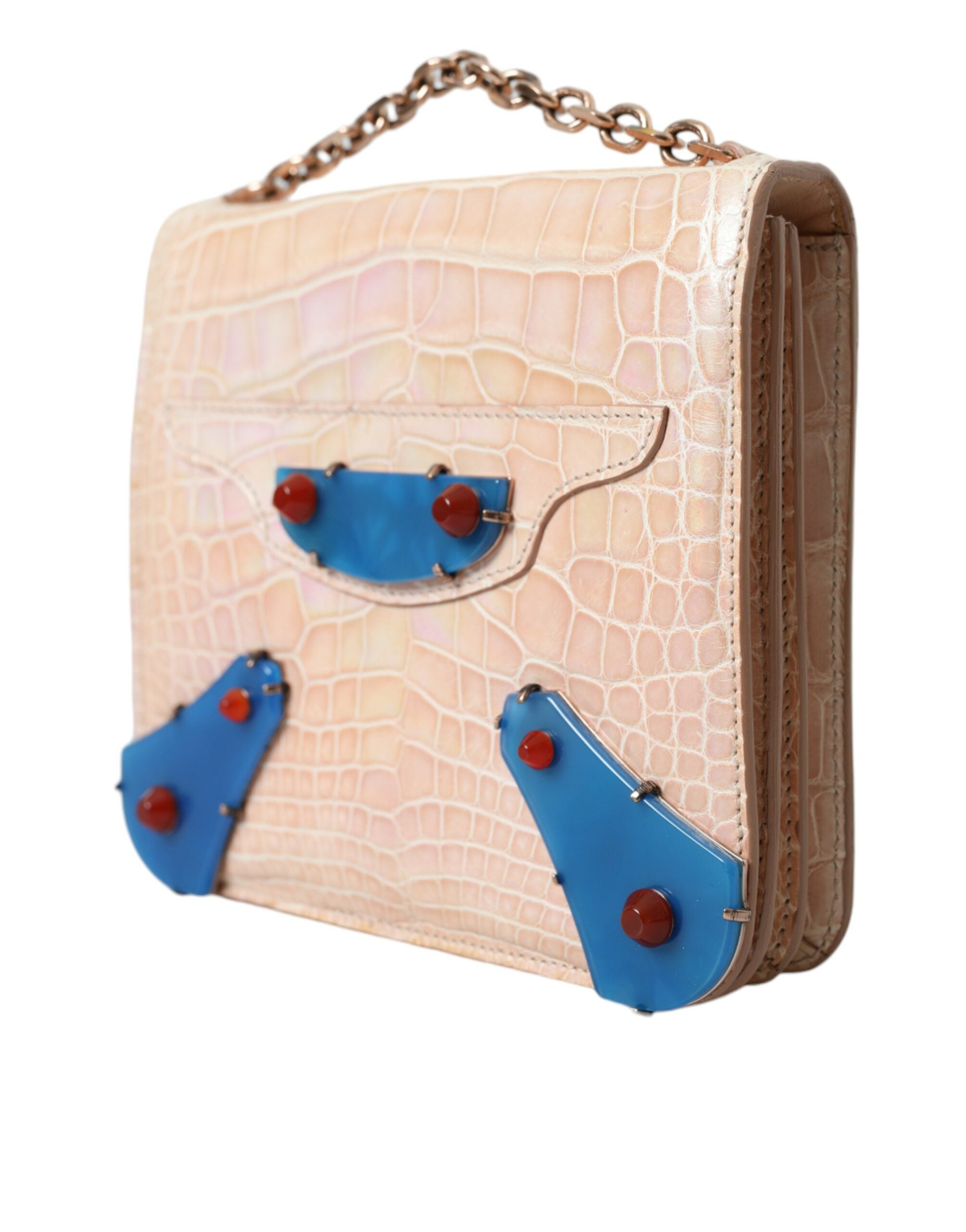 Beige Blå Agat Eksotisk Læder Guldkæde Pung