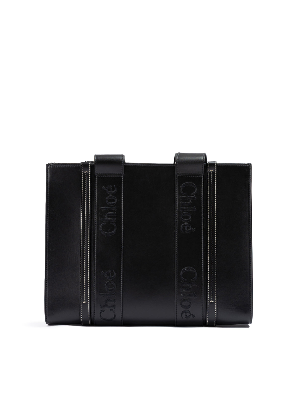 Sort mellemstor tote-taske i læder med Woody-broderet logo